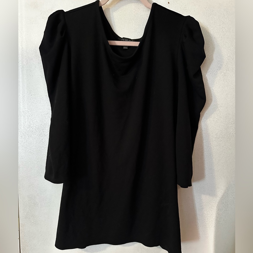 Lane Bryant black top w/ puff sleeves (3/4 length). Size 22/24, rayon/polyester